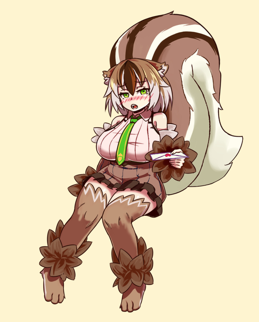 1girl, animal_ears, bare_shoulders, beige_background, blush, breasts, brown_fur, brown_hair, brown_skirt, embarrassed, fluffy, full_body, fur, green_eyes, green_necktie, highres, huge_breasts, knees_together_feet_apart, letter, looking_at_viewer, love_letter, monster_girl, monster_girl_encyclopedia, multicolored_hair, nav, necktie, open_mouth, paws, ratatoskr_(monster_girl_encyclopedia), short_hair, simple_background, skirt, solo, squirrel_ears, squirrel_tail, streaked_hair, striped_tail, tail, white_hair