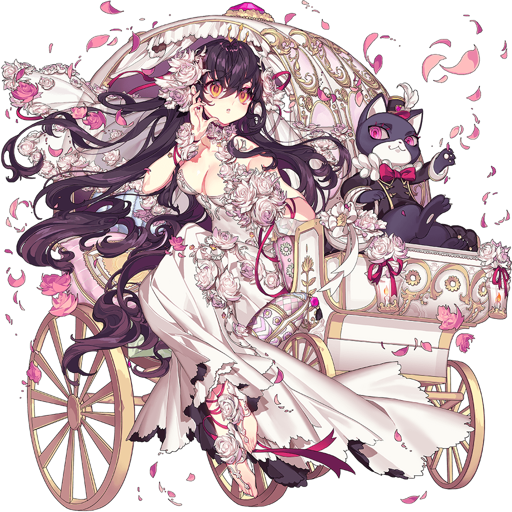 1girl, black_hair, breasts, carriage, cat, cleavage, dress, flower, hair_flower, hair_ornament, long_hair, medium_breasts, official_art, open_toe_shoes, parted_lips, petals, pika_(kai9464), riding, shoes, solo, uchi_no_hime-sama_ga_ichiban_kawaii, veil, very_long_hair, white_dress, yellow_eyes, yumemi_(uchi_no_hime-sama)
