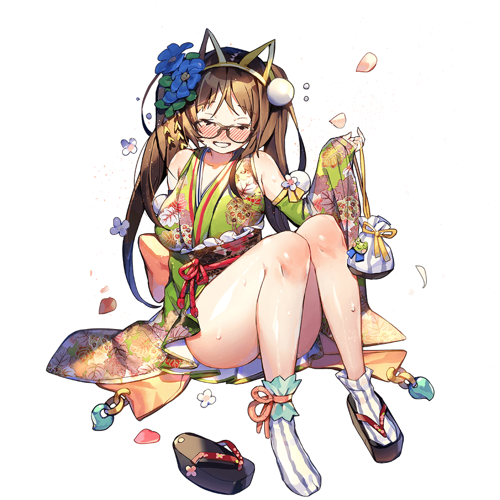 1girl, animal_ears, black-framed_eyewear, blush, brown_hair, detached_sleeves, fake_animal_ears, flower
