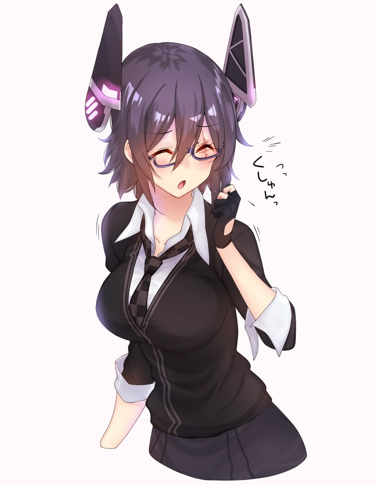 1girl, :o, amayu, bespectacled, blush, checkered, checkered_necktie, closed_eyes