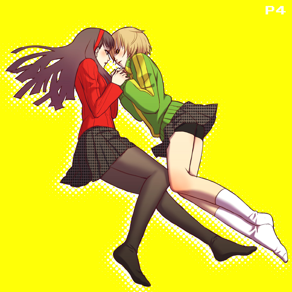 amagi_yukiko, bike_shorts, black_hair, brown_hair, feet, gray_pantyhose, holding_hands, long_hair, multiple_girls, no_shoes, pantyhose, persona, persona_4, pleated_skirt, satonaka_chie, school_uniform, short_hair, skirt, socks, tamtam, tomboy, track_jacket, yuri