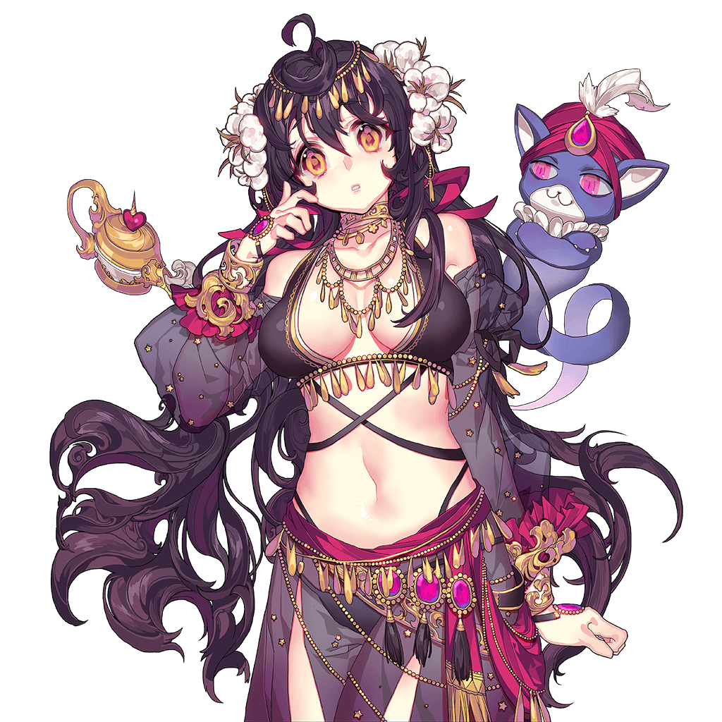 1girl, black_hair, cat, choker, dancer, detached_sleeves, flower, genie