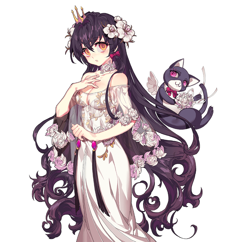 1girl, black_hair, breasts, cat, cleavage, dress, flower, flying