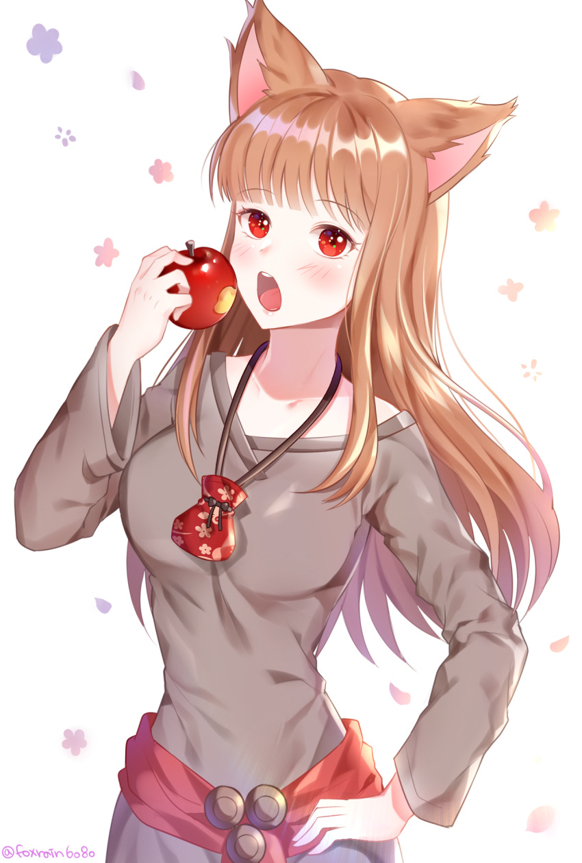 1girl, :o, animal_ears, apple, artist_name, bangs, bite_mark, blunt_bangs