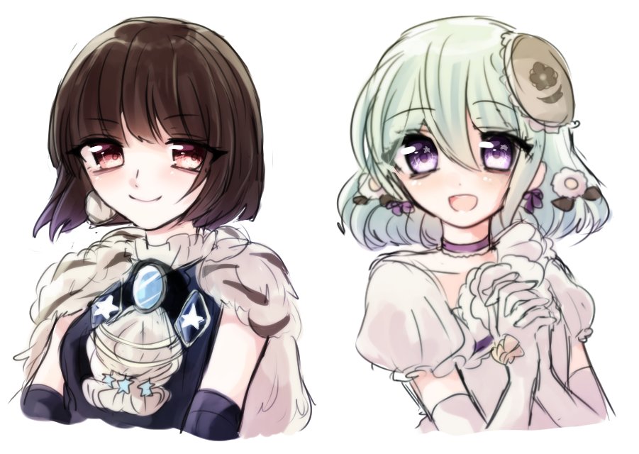 2girls, black_hair, cape, green_hair, interlocked_fingers, lapis_lazuline, magical_daisy, mahou_shoujo_ikusei_keikaku