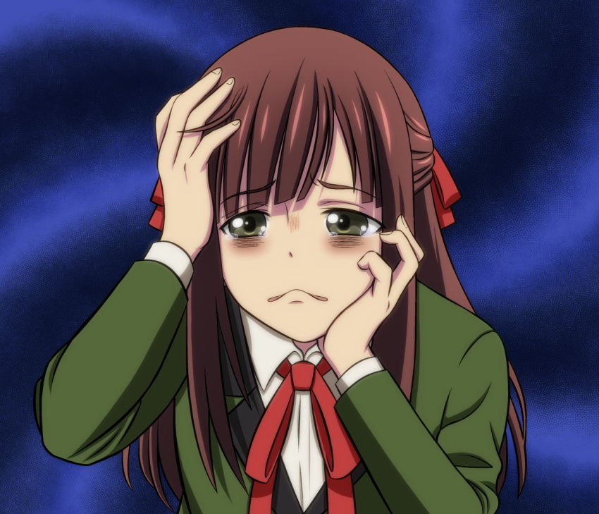 1girl, bags_under_eyes, blazer, blush, brown_hair, collared_shirt, gloom_(expression), green_eyes