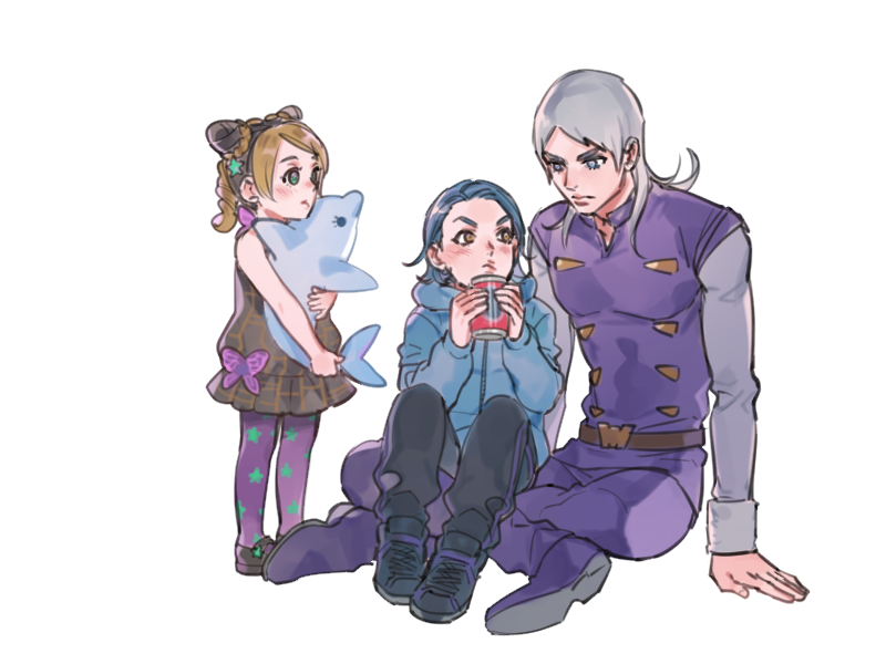 1girl, 2boys, belt, black_hair, blue_eyes, blue_hair, blush, brown_eyes
