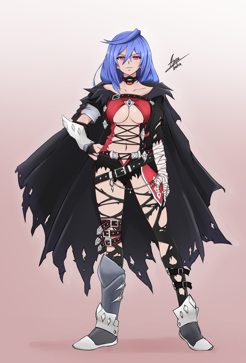1girl, absurdres, airisubaka, armor, bandage, belt, blue_hair, blush, breasts, brown_eyes, chains, choker, choujigen_game_neptune, claws, cleavage, coat, cosplay, elbow_gloves, full_body, gloves, highres, iris_heart, kami_jigen_game_neptune_v, large_breasts, long_hair, looking_at_viewer, navel, neptune_(series), power_symbol, pururut, red_eyes, short_shorts, shorts, smile, solo, symbol-shaped_pupils, tales_of_(series), tales_of_berseria, thigh-highs, tied_hair, torn_clothes, under_boob, velvet_crowe, velvet_crowe_(cosplay), very_long_hair