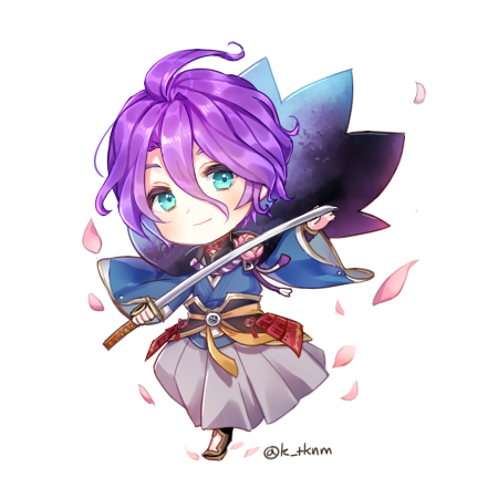 1boy, blue_eyes, cape, chibi, flower, hakama, japanese_clothes, k_(shinya90)