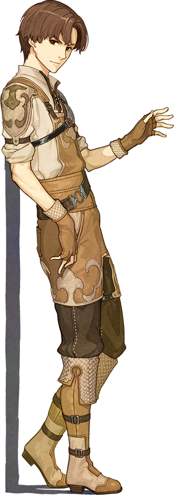 1boy, boots, brown_eyes, brown_hair, fingerless_gloves, fire_emblem, fire_emblem_echoes:_mou_hitori_no_eiyuuou, full_body, gloves, hidari_(left_side), male_focus, official_art, solo, tobin_(fire_emblem), transparent_background