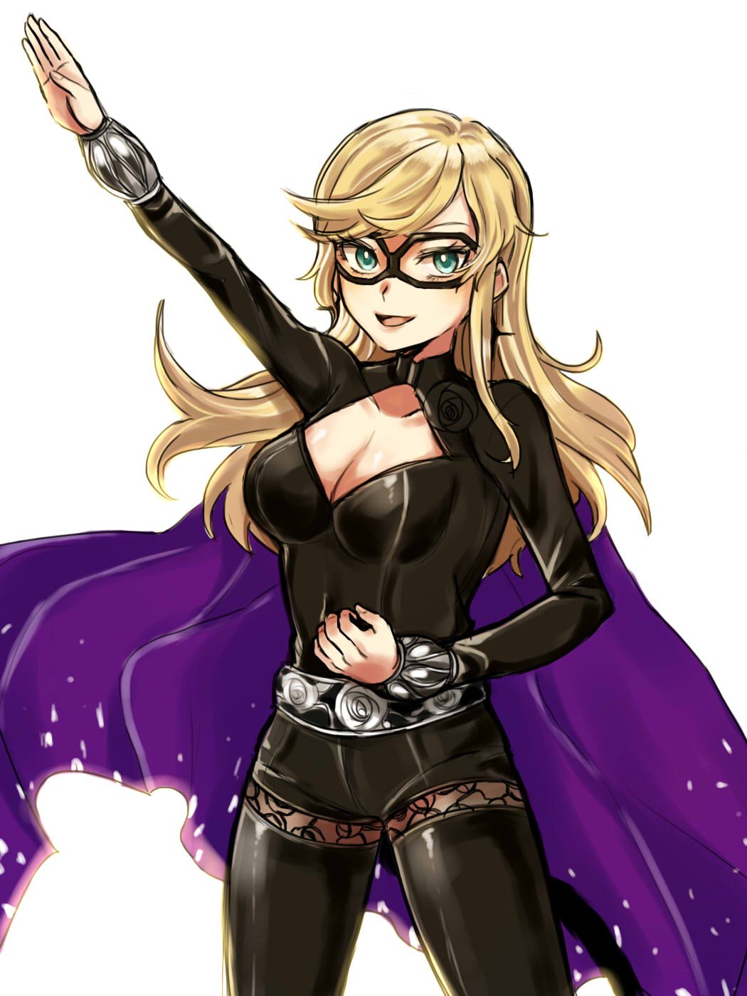 black_clothes, blonde_hair, bodysuit, breasts, cape, cleavage, green_eyes, highres