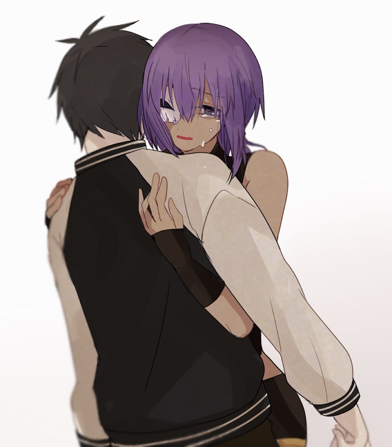 1boy, 1girl, assassin_(fate/prototype_fragments), black_hair, broken_mask, dark_skin, fate/grand_order, fate/prototype, fate/prototype:_fragments_of_blue_and_silver, fate_(series), headband, hug, kitano_tatsumi, mask, short_hair, simple_background, skull, skull_mask, solo, spoilers, takimiho, tears, violet_eyes, white_background