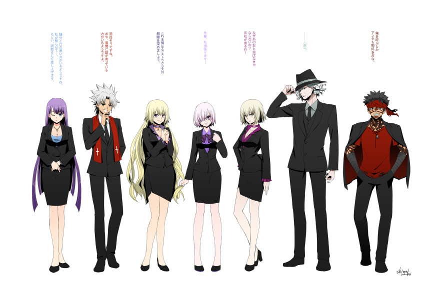 3boys, ahoge, avenger, bare_legs, black_hair, blonde_hair, breasts, dark_skin, dual_persona, edmond_dantes_(fate/grand_order), fate/apocrypha, fate/grand_order, fate/hollow_ataraxia, fate_(series), formal, full_body, glasses, hat, high_heels, highres, jacket, jacket_on_shoulders, jeanne_alter, kotomine_shirou, long_hair, looking_at_viewer, multiple_boys, multiple_girls, purple_hair, ruler_(fate/apocrypha), saint_martha, scarf, shielder_(fate/grand_order), shimaneko, shirt, short_hair, skirt, smile, suit, tattoo, translation_request, violet_eyes, white_background, white_hair