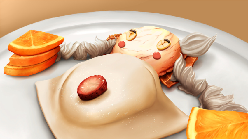 amaterasu_okami, amaterasu_okami_(avatar), amaterasu_oomikami, amaterasu_oomikami_(avatar), banana_slice, candy, chocolate_syrup, food, fruit, ice_cream, megami, megami_meguri, megumi_meguri, no_humans, nukomen, orange, orange_slice, plate, strawberry, waffle, whipped_cream