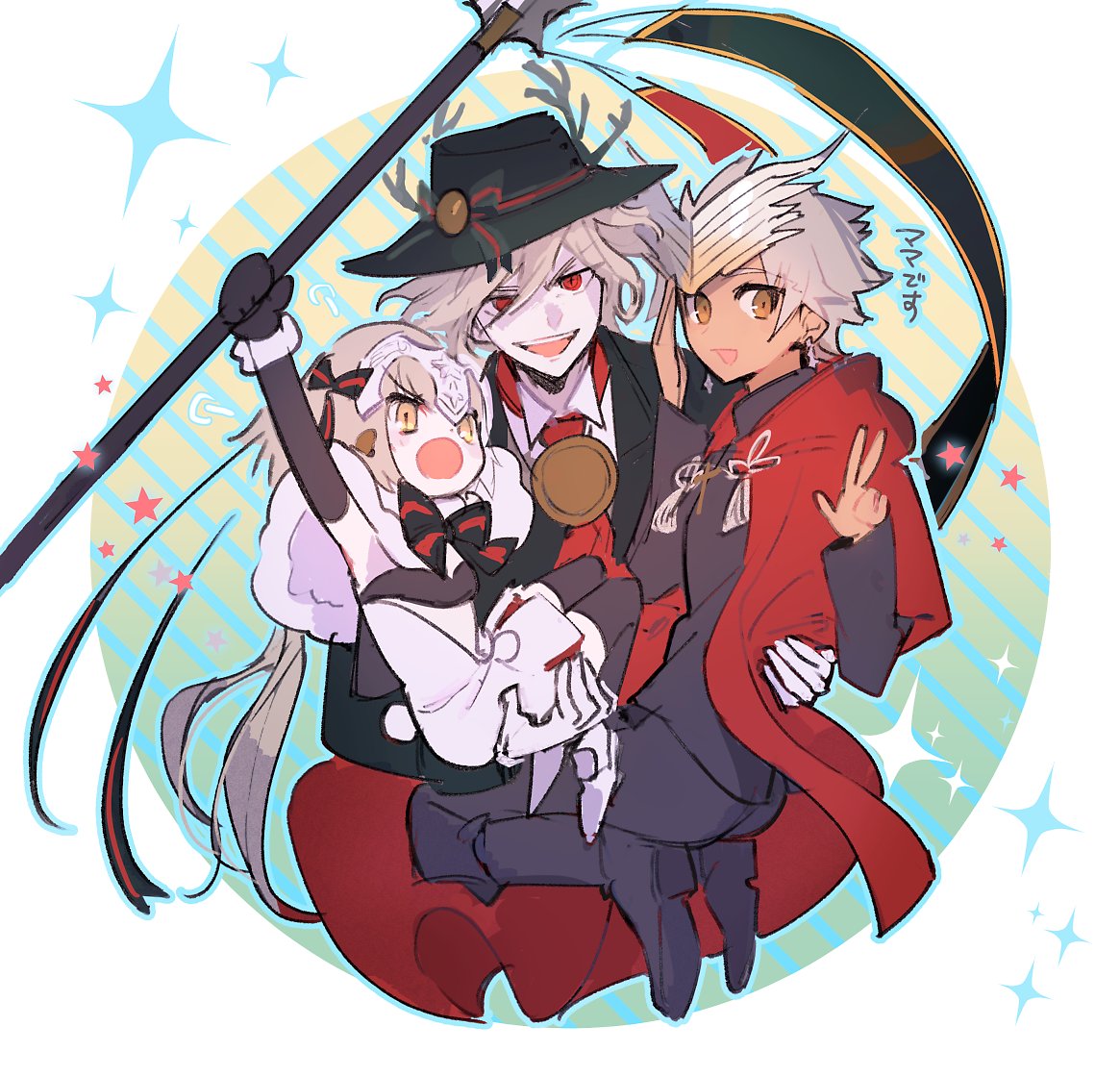 1girl, 2boys, ahoge, ass, bell, black_gloves, black_legwear, blonde_hair