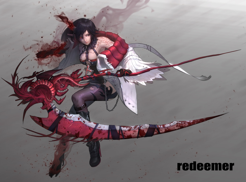1girl, absurdres, black_boots, black_eyes, black_gloves, black_legwear, blood, bloody_weapon