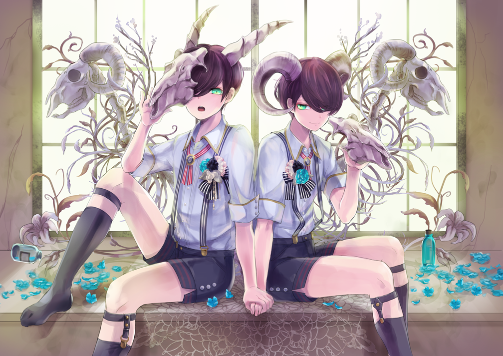 2boys, black_hair, black_legwear, bottle, boutonniere, doily, dress_shirt, flower