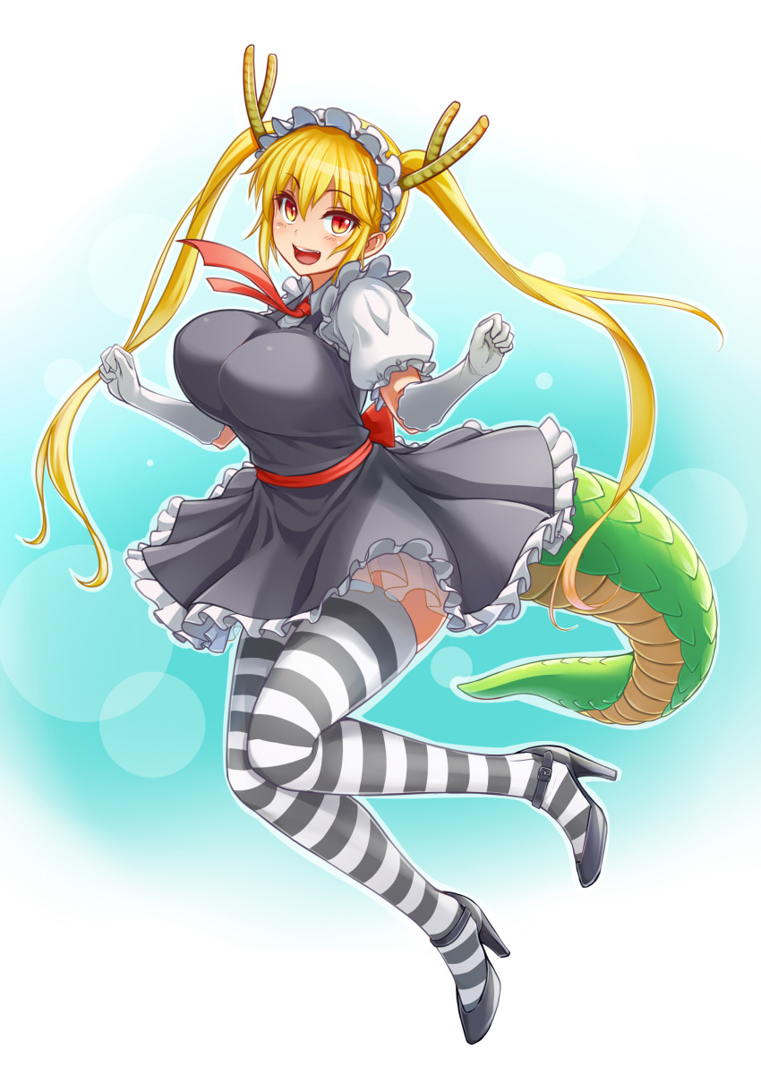 1girl, :d, absurdres, ascot, black_dress, black_shoes, blonde_hair, blush