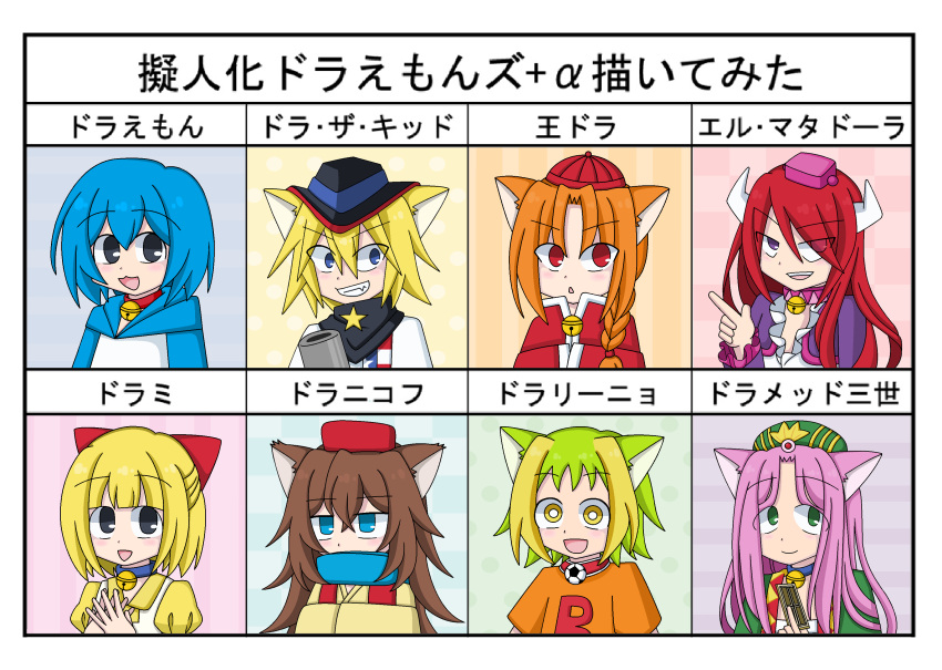 6+girls, :>, :3, :d, :o, absurdres, american_flag_shirt, animal_ears, ball, bandanna, bangs, bell, bell_collar, between_fingers, black_hat, blonde_hair, blue_eyes, blue_hair, blue_scarf, blunt_bangs, blush, bow, braid, brown_hair, cannon, card, cat_ears, chinese_clothes, closed_mouth, collar, cow_horns, cowboy_hat, dora-nichov, dora-rinho, dora-the-kid, dora_med_iii, doraemon, doraemon_(character), dorami, dress, el_matadora, expressionless, eyebrows_visible_through_hair, eyes_visible_through_hair, fang, frilled_sleeves, frills, fur_hat, genderswap, genderswap_(mtf), green_eyes, green_hair, green_hat, green_shirt, grey_eyes, grin, hair_between_eyes, hair_bow, hair_flaps, hand_up, hands_together, hands_up, hat, highres, holding, holding_card, holding_weapon, hood, hoodie, horns, jacket, jitome, long_hair, long_sleeves, looking_at_viewer, looking_away, looking_up, multicolored_hair, multiple_girls, open_mouth, orange_hair, orange_shirt, parody, personification, pink_hair, portrait, puffy_sleeves, purple_shirt, red_bow, red_eyes, red_hat, red_jacket, red_vest, redhead, scarf, scarf_over_mouth, shiny, shiny_hair, shirt, short_hair, side_braid, single_braid, smile, soccer_ball, star, streaked_hair, t-shirt, tangzhuang, the_doraemons, turban, ushanka, vest, violet_eyes, wang_dora, weapon, yellow_dress, yellow_eyes, yellow_shirt