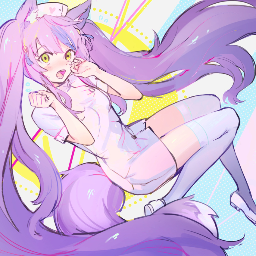 1girl, animal_ears, blush, breasts, fox_ears, fox_tail, hat, high_heels