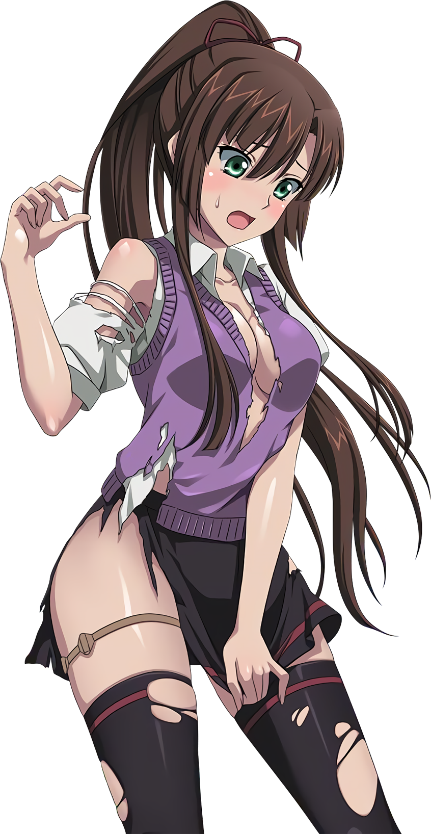 1girl, black_legwear, black_skirt, blush, breasts, brown_hair, brown_ribbon, cleavage