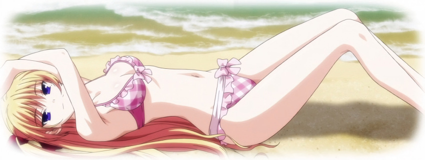 1girl, armpits, arms_up, beach, bikini, blonde_hair, blue_eyes, breasts