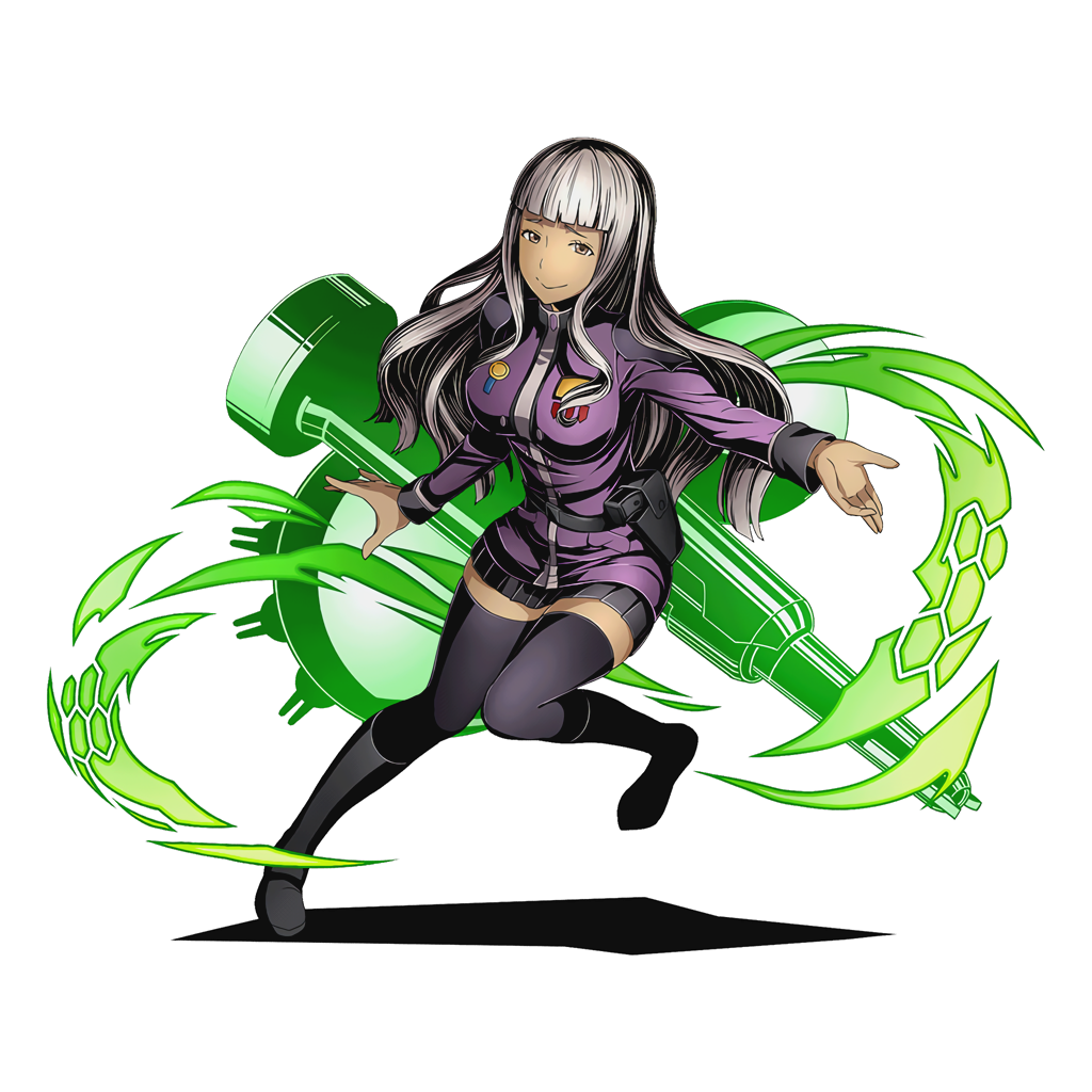 1girl, black_legwear, black_skirt, blonde_hair, brown_eyes, divine_gate, floating_hair, full_body, heavy_object, holster, lendy_farolito, long_hair, looking_at_viewer, microskirt, miniskirt, official_art, pleated_skirt, shadow, skirt, smile, solo, thigh-highs, transparent_background, ucmm, uniform, zettai_ryouiki