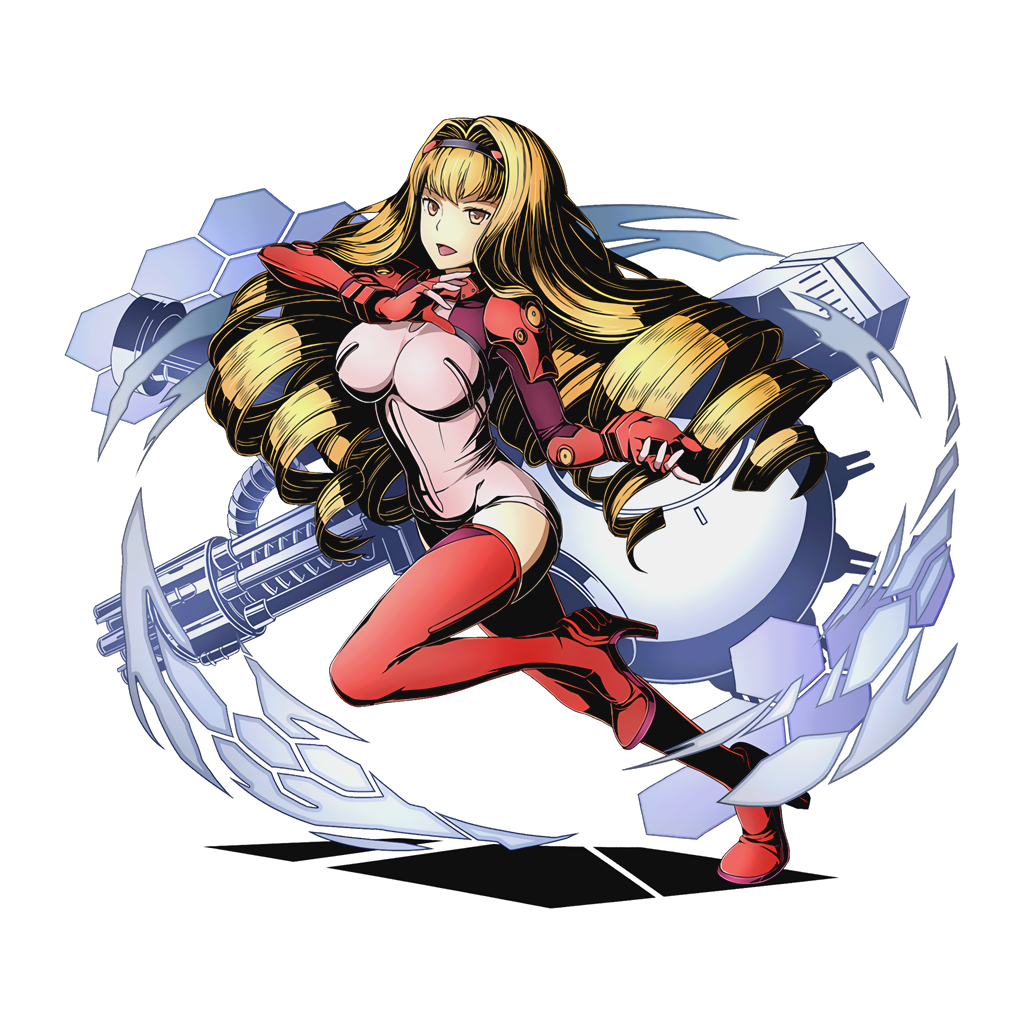 1girl, black_hairband, blonde_hair, bodysuit, boots, breasts, breasts_apart, divine_gate