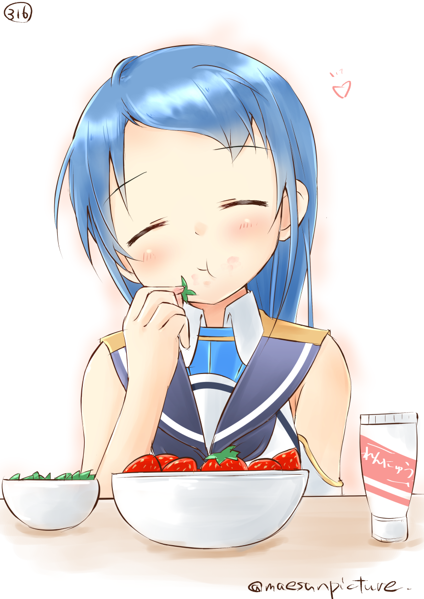1girl, :t, bangs, bare_arms, bare_shoulders, black_neckerchief, blue_hair, blush