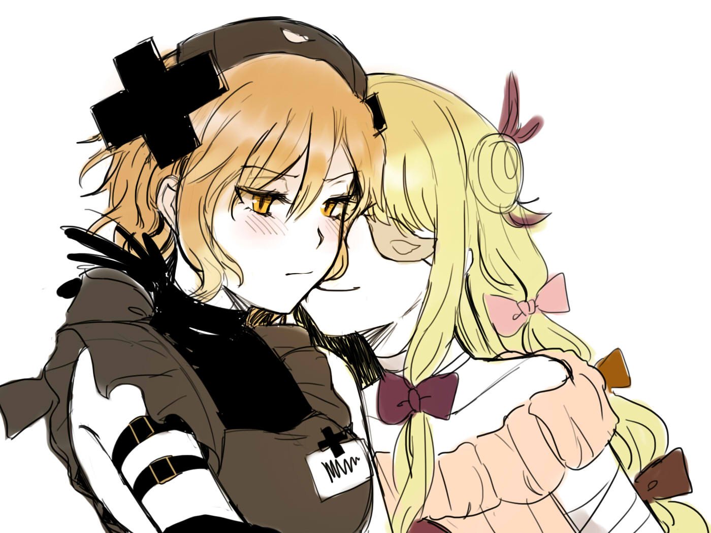 blonde_hair, blush, cheek_kiss, cross, eyepatch, kiss, kuya_(hey36253625), long_hair