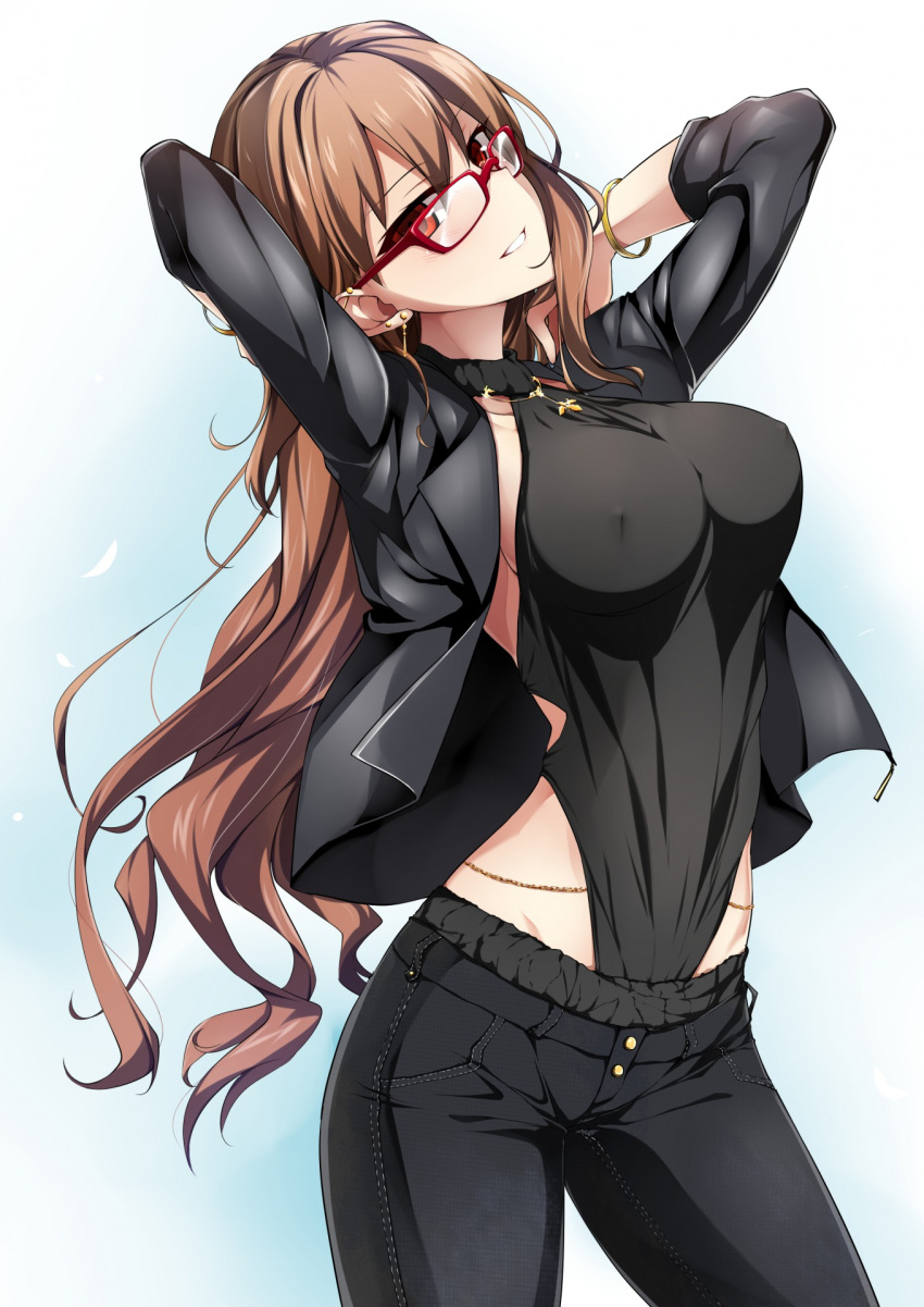 1girl, breasts, brown_hair, denim, earrings, erect_nipples, glasses, highleg