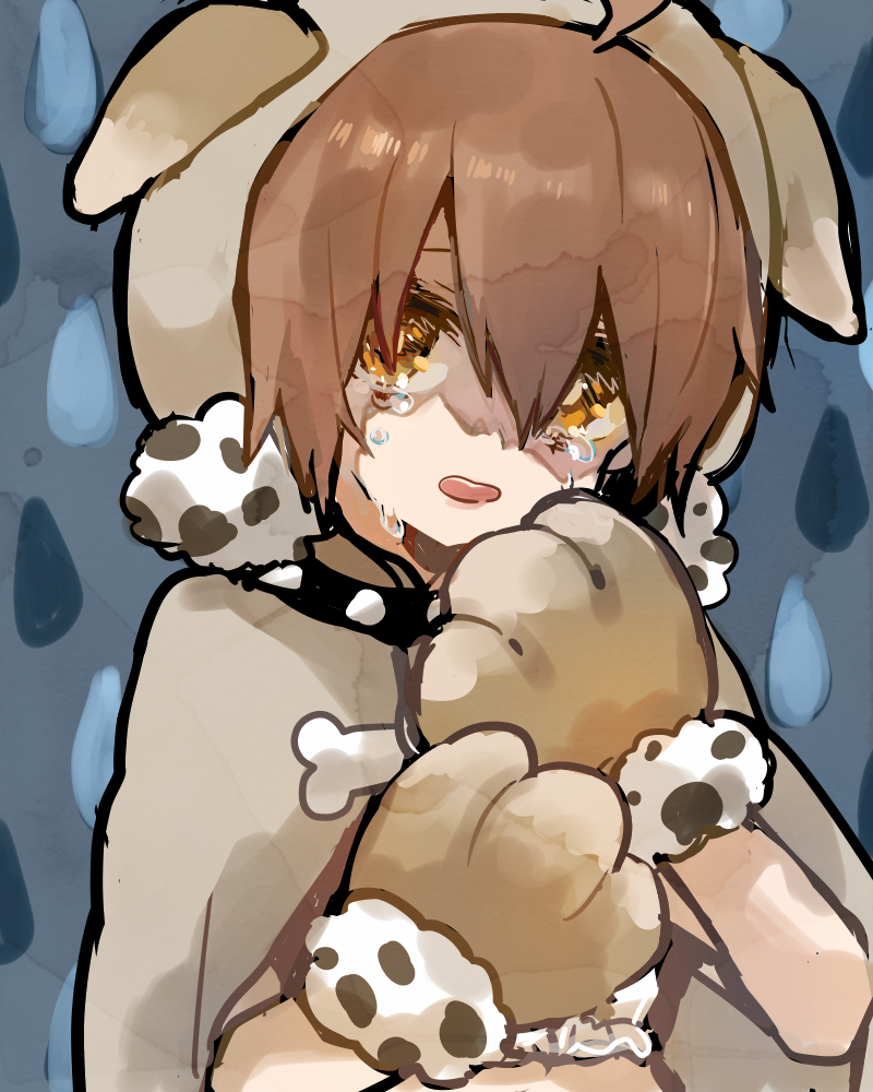 1girl, animal_ears, animal_hood, brown_hair, dog_ears, gloves, hood, mahou_shoujo_ikusei_keikaku