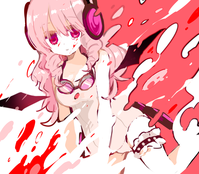 1girl, bat_wings, blood, blood_on_face, goggles, goggles_around_neck, headphones, mahou_shoujo_ikusei_keikaku
