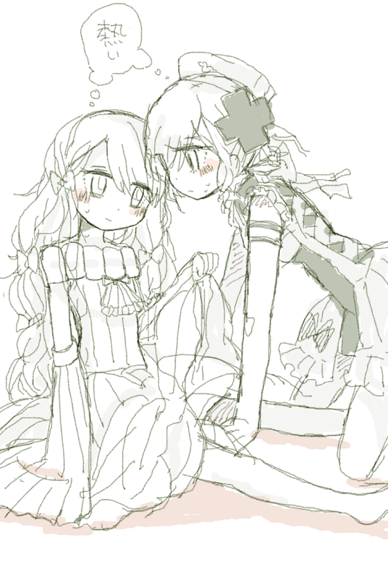 2girls, between_legs, blush, butter_run, couple, cross, eye_contact, eyepatch