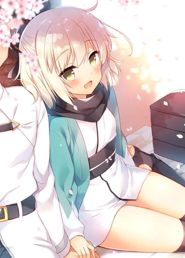 1boy, 1girl, ahoge, blonde_hair, blush, bow, cherry_blossoms, commentary_request