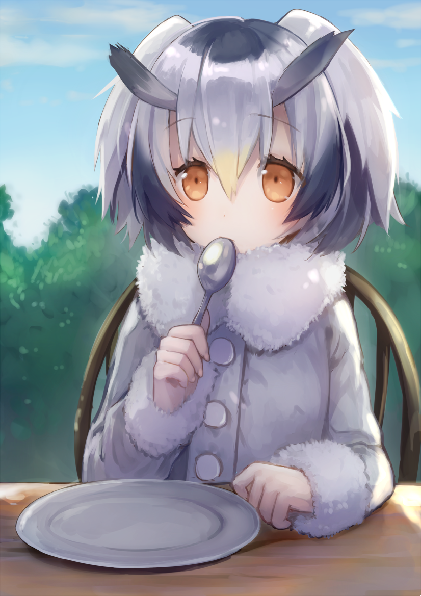 1girl, :/, bangs, black_hair, blonde_hair, blue_sky, blush, buttons