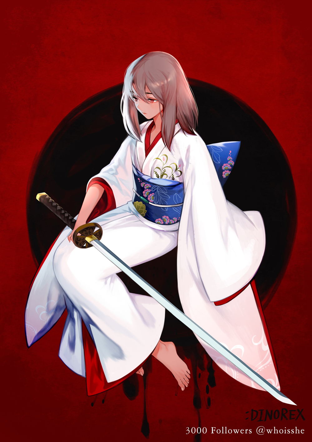 barefoot, dino_(trexsilence), expressionless, fate_(series), feet, highres, japanese_clothes, kara_no_kyoukai, katana, kimono, obi, ryougi_shiki, sash, sword, type-moon, weapon, white_kimono