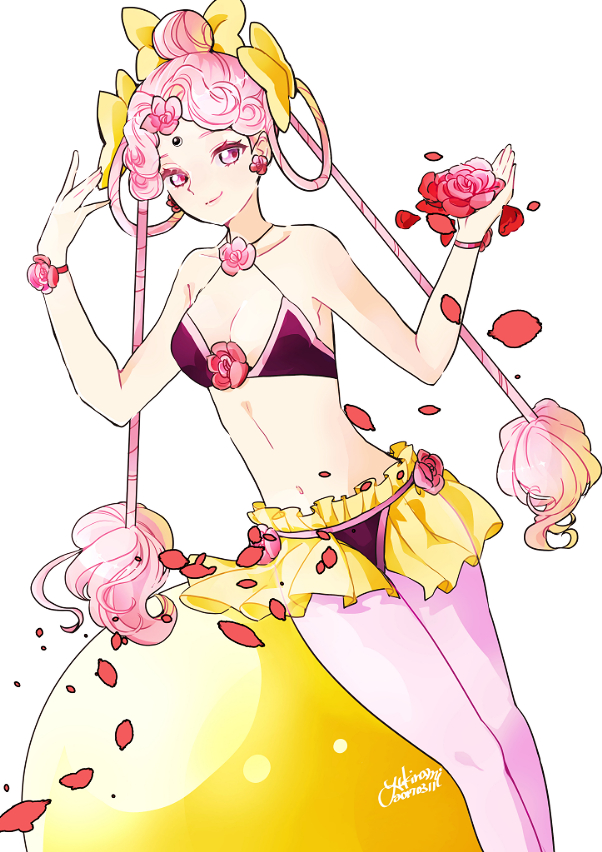 1girl, 2017, artist_name, bare_shoulders, bikini, bikini_top, bishoujo_senshi_sailor_moon, cerecere_(sailor_moon), closed_mouth, dated, flower, hair_bun, hair_rings, pantyhose, pantyhose_under_swimsuit, petals, pink_eyes, pink_hair, pink_legwear, purple_bikini, red_rose, rose, rose_petals, signature, swimsuit, white_hair, yukinami_(paru26i)