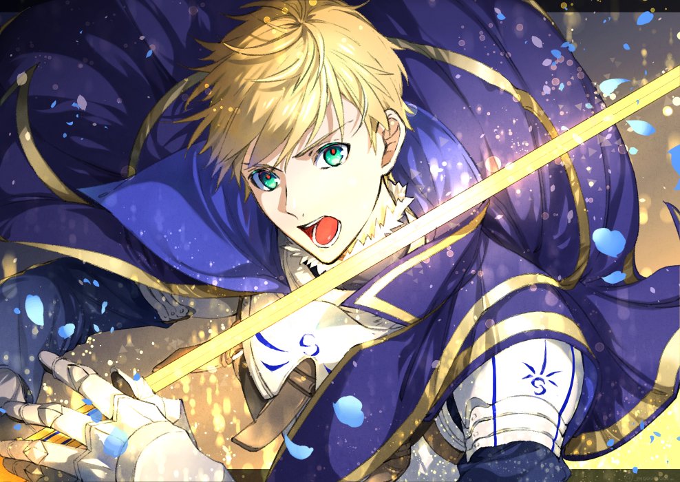 1boy, ahoge, armor, blonde_hair, cape, excalibur, fate/grand_order, fate/prototype