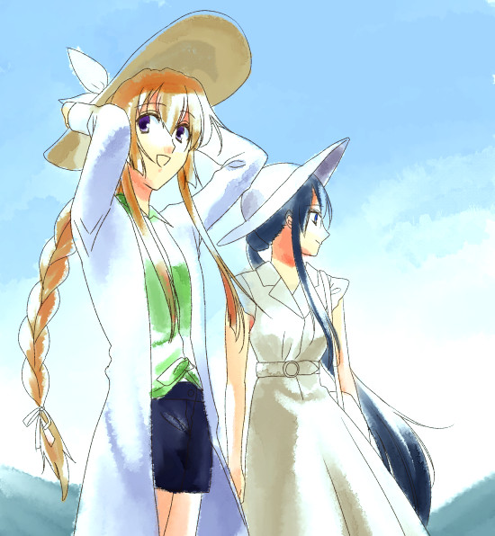 2girls, alternate_hairstyle, blonde_hair, blue_hair, blue_sky, braid, casual, dress, hands_on_headwear, hat, himemiya_chikane, imotaberu, kannazuki_no_miko, kurusugawa_himeko, long_hair, low_ponytail, multiple_girls, outdoors, ponytail, profile, single_braid, sky, sun_hat, very_long_hair, white_dress