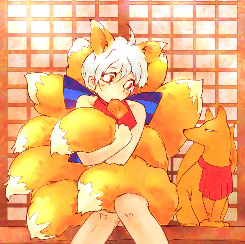 1girl, aburaage, ahoge, animal_ears, extra_ears, food, fox, fox_ears