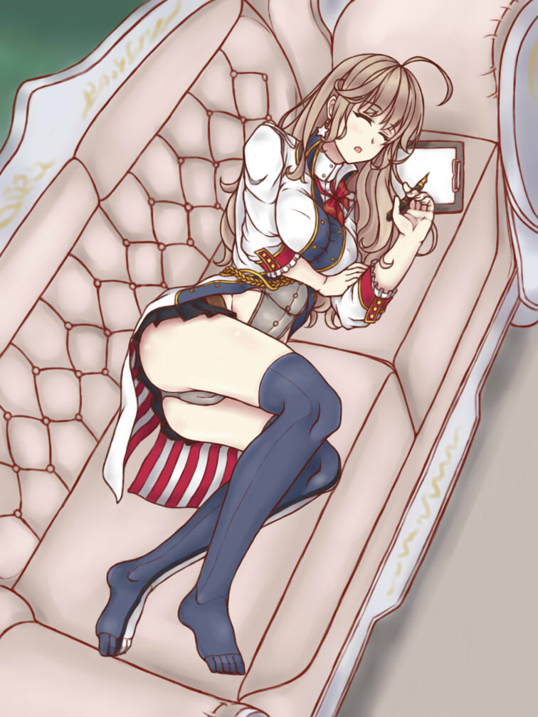 1girl, ahoge, blonde_hair, clipboard, commentary_request, couch, holding, holding_pen