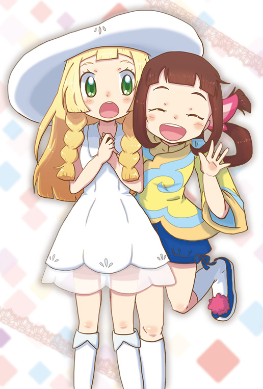2girls, :o, ^_^, ^o^, bangs, blonde_hair, blunt_bangs, blush