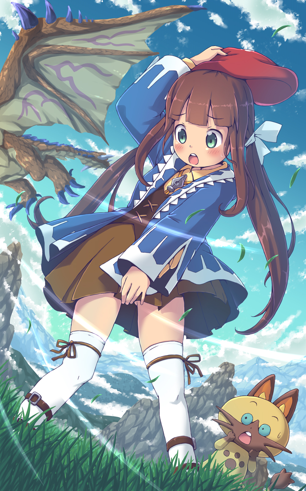 1girl, :o, aki_(akisora_hiyori), blue_sky, blush, brown_hair, clouds, cloudy_sky