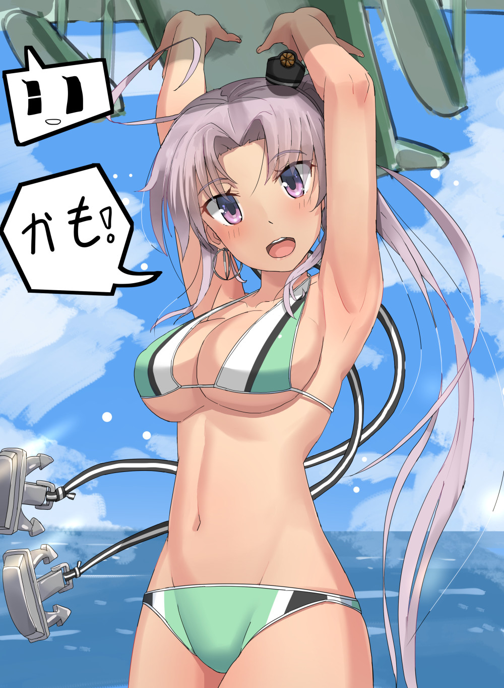 1girl, ahoge, aircraft, airplane, akitsushima_(kantai_collection), alternate_costume, armpits, arms_up