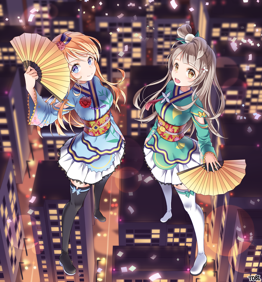 2girls, angelic_angel, ayase_eli, black_legwear, blonde_hair, blue_eyes, blurry, bokeh