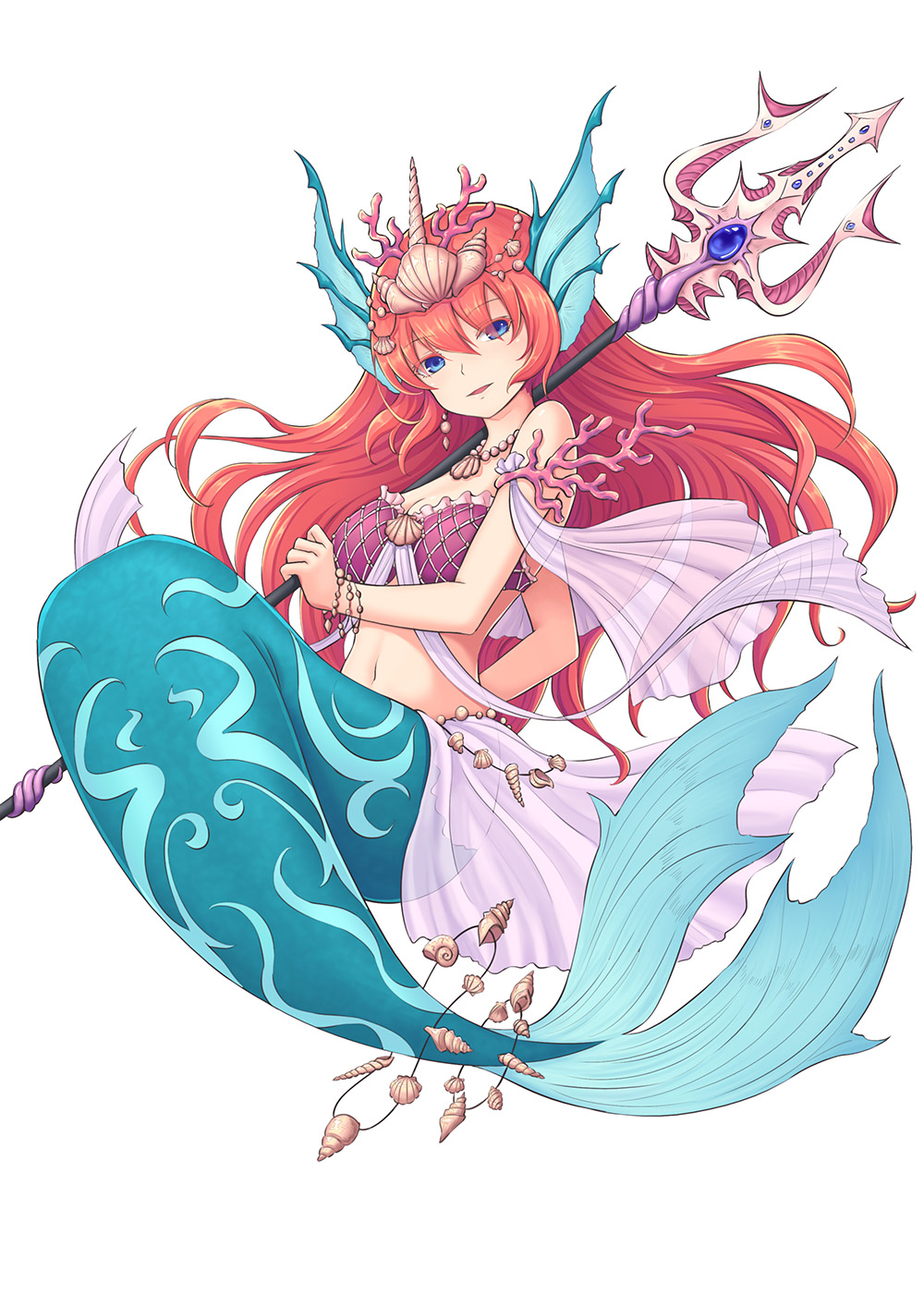 1girl, blue_eyes, coral, full_body, gem, hair_between_eyes, head_fins, highres