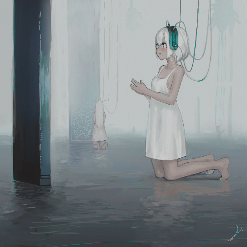 4girls, artist_name, bangs, bare_arms, bare_shoulders, barefoot, blank_stare, bob_cut