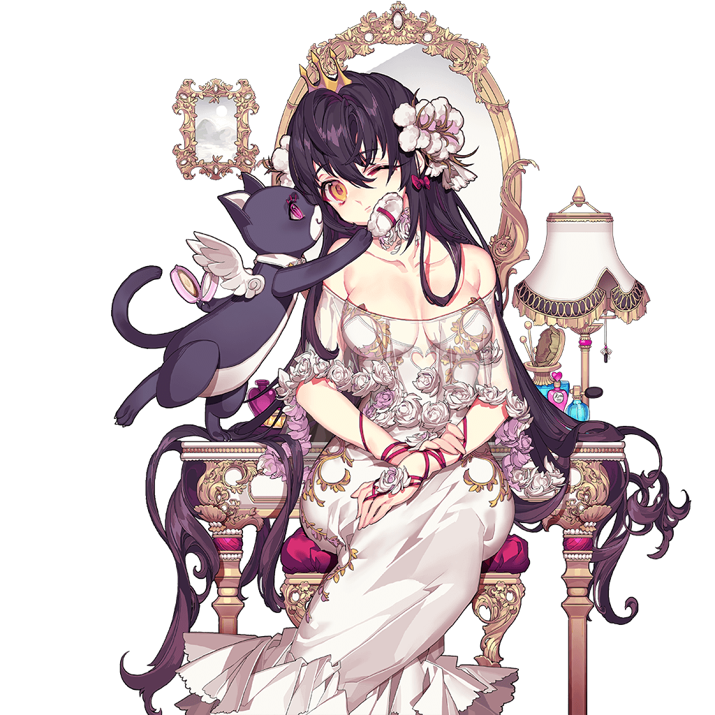 1girl, bare_shoulders, black_hair, breasts, cat, chair, cleavage, dress