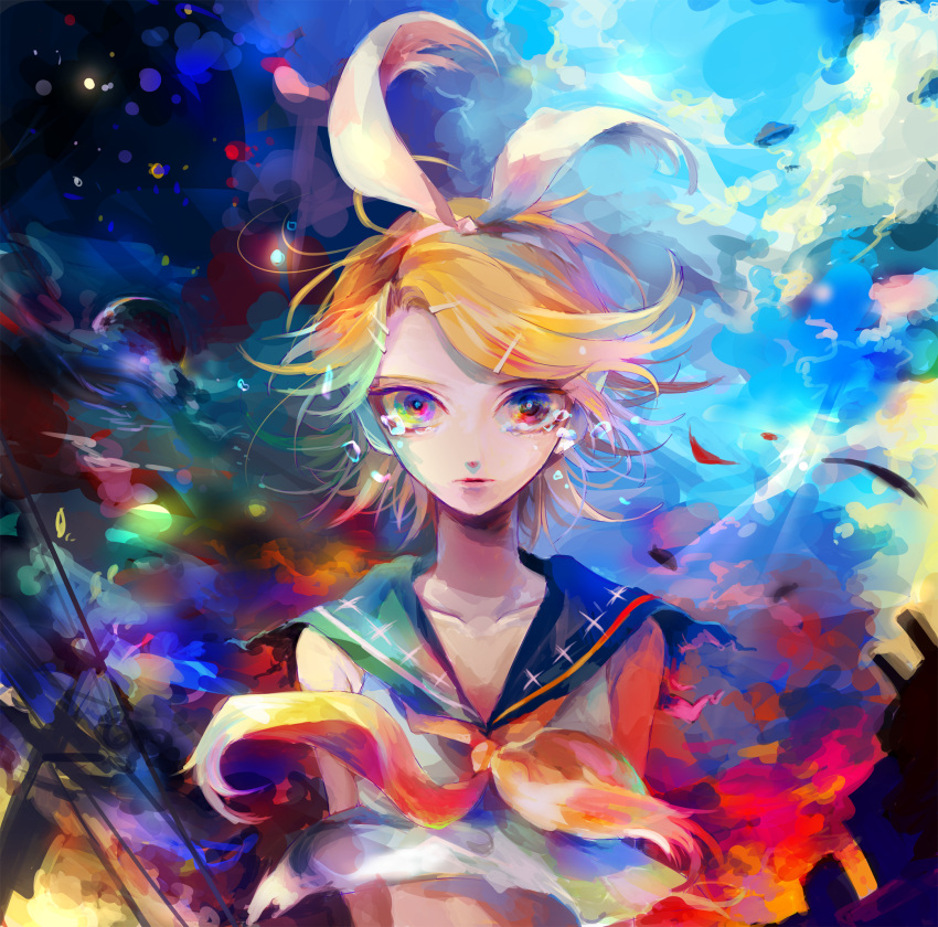 1girl, arms_behind_back, bare_arms, blonde_hair, blue_eyes, blue_sky, bow, cityscape, clouds, collarbone, colorful, crop_top, crying, crying_with_eyes_open, day_and_night, floating_hair, hair_bow, hair_ornament, hairband, hairclip, headset, highres, kagamine_rin, leaf, looking_at_viewer, midriff, multicolored, multicolored_background, multicolored_eyes, nagame_(nagaiame), night, night_sky, sad, sailor_collar, shirt, shirt_lift, short_hair, sky, sleeveless, sleeveless_shirt, solo, sunrise, sunset, tears, torn_clothes, transmission_tower, twilight, vocaloid, wind, wind_lift